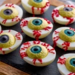 Monster Eyeball Deviled Eggs on a dark slate board, featuring creamy green filling, black olive pupils, and red vein drizzles for a spooky Halloween appetizer.