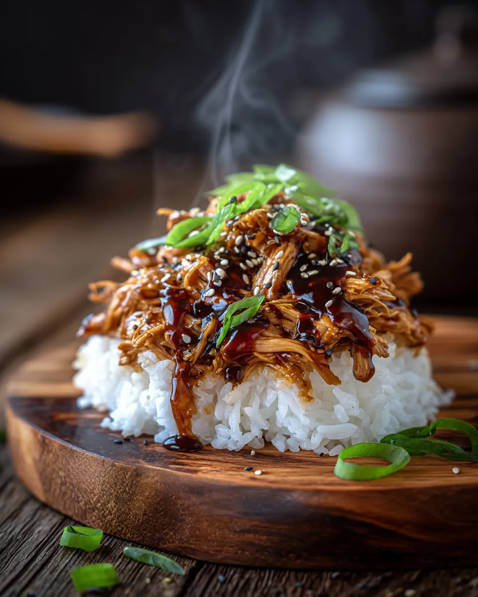Close-up of shredded Dump and Go Crockpot Teriyaki Chicken coated in thick, glossy sauce, served over white rice and garnished with green onions.