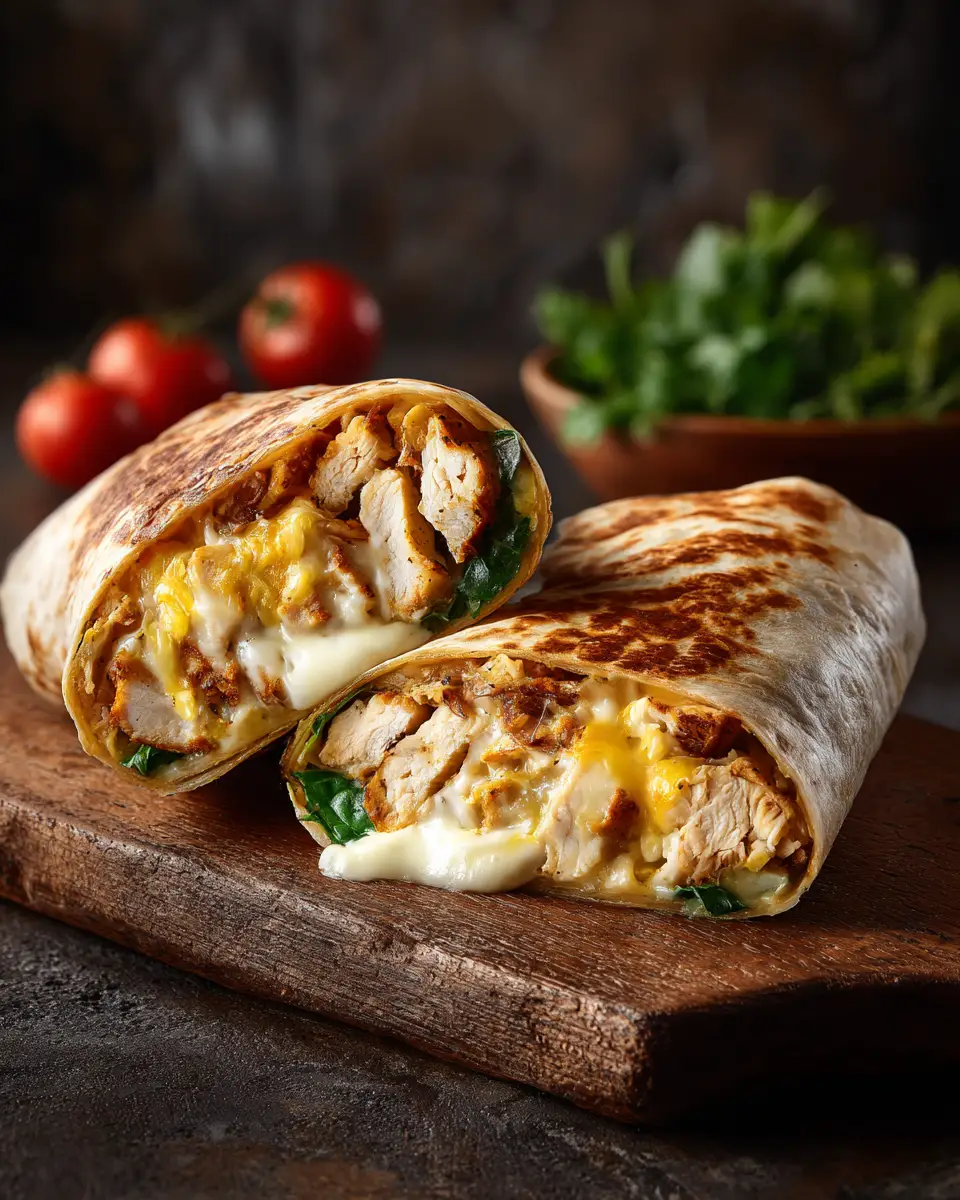 A cheesy garlic chicken wrap sliced in half on a white plate, revealing a creamy, cheesy chicken filling with flecks of parsley, against a dark textured background.