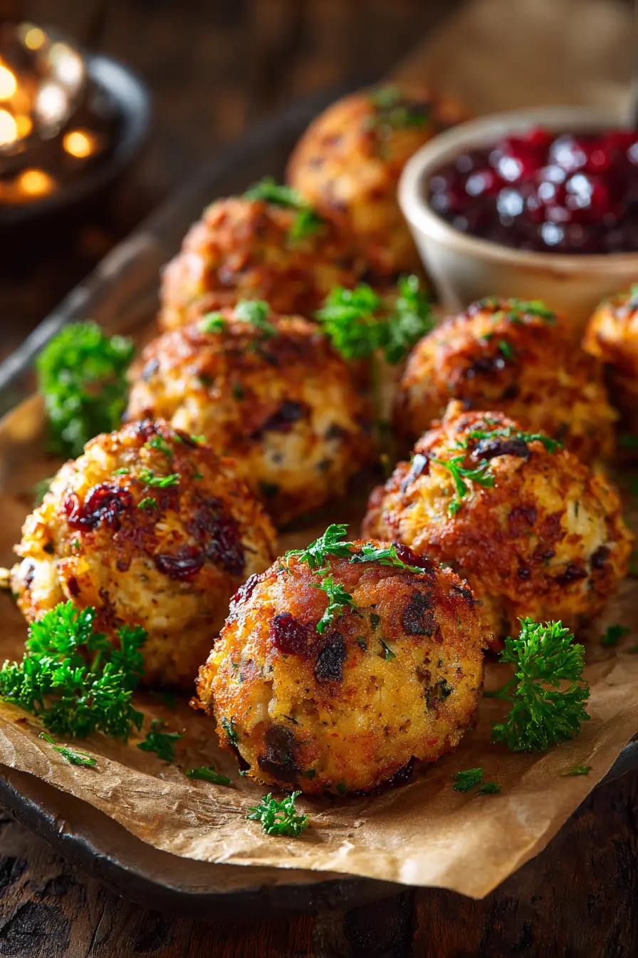 Golden-brown cranberry turkey stuffing balls served on parchment with fresh parsley and cranberry dip