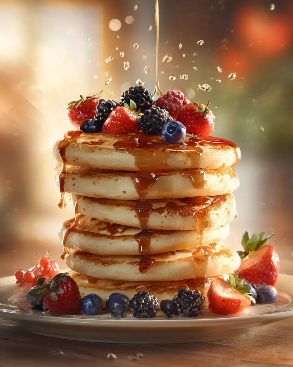 stack of fluffy cottage cheese pancakes with berries and syrup