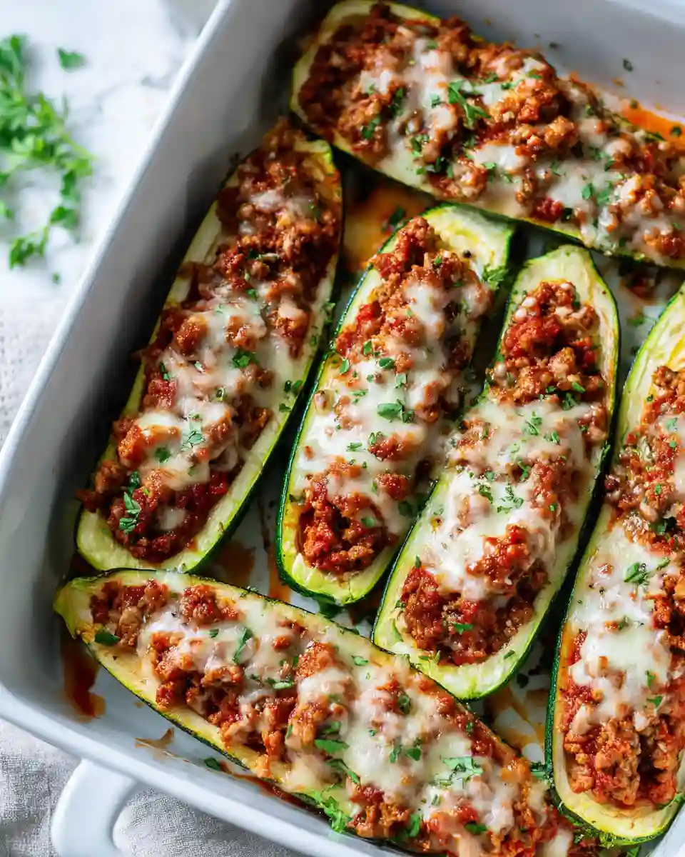 Turkey stuffed zucchini boats on tray