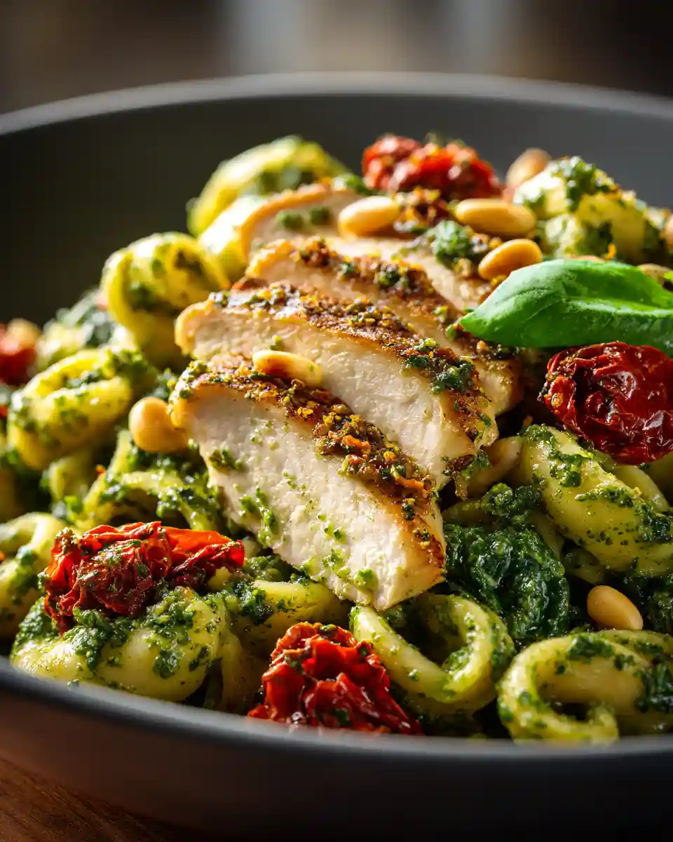 Bowl of chicken pesto protein pasta with juicy chicken, basil pesto-coated pasta, spinach, cherry tomatoes, sun-dried tomatoes, and Parmesan in bright natural light
