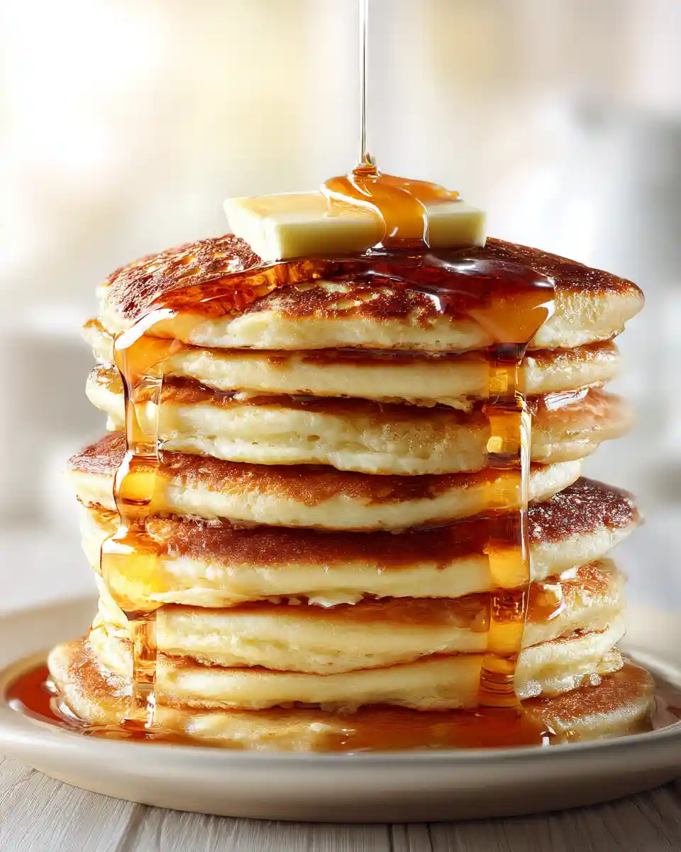 Tall stack of fluffy homemade pancakes with maple syrup and butter on a light plate in bright natural kitchen lighting