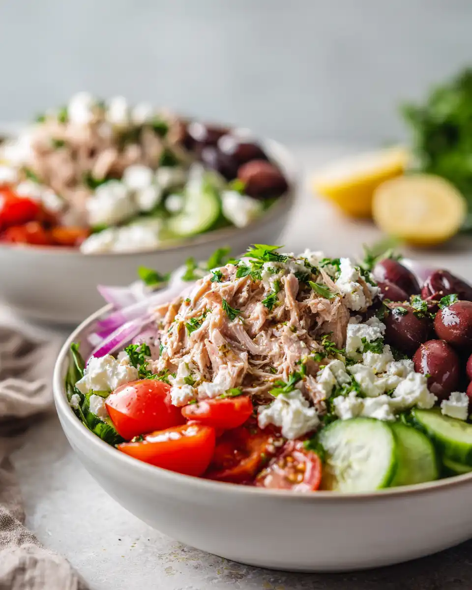 bright mediterranean tuna cucumber bowl with flaky tuna