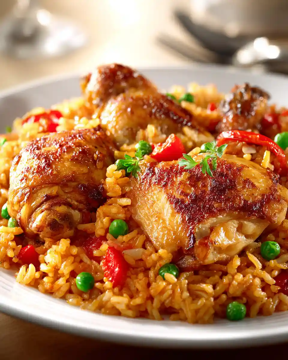 One pot Spanish style chicken and rice with golden paprika chicken, tomato rice, peppers, and peas