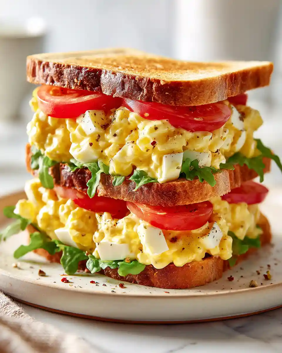 Creamy egg salad sandwich on toasted bread with lettuce and tomato on a light plate