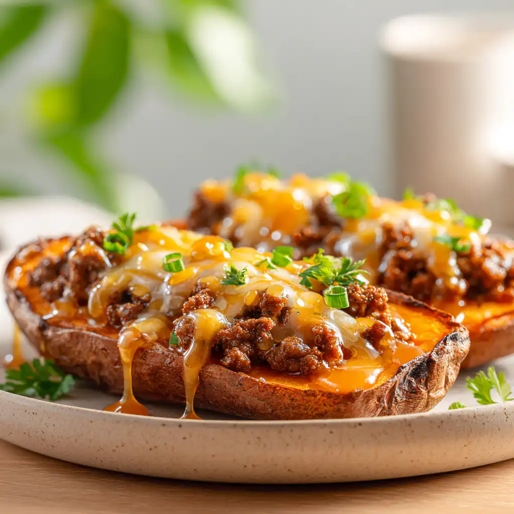 Hot Honey Ground Beef Sweet Potato Boats (Easy Dinner)