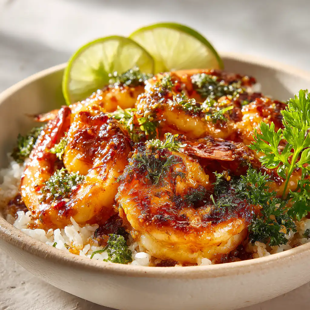 Summer Garlic Butter Shrimp Rice Bowls with Chili Lime Glaze