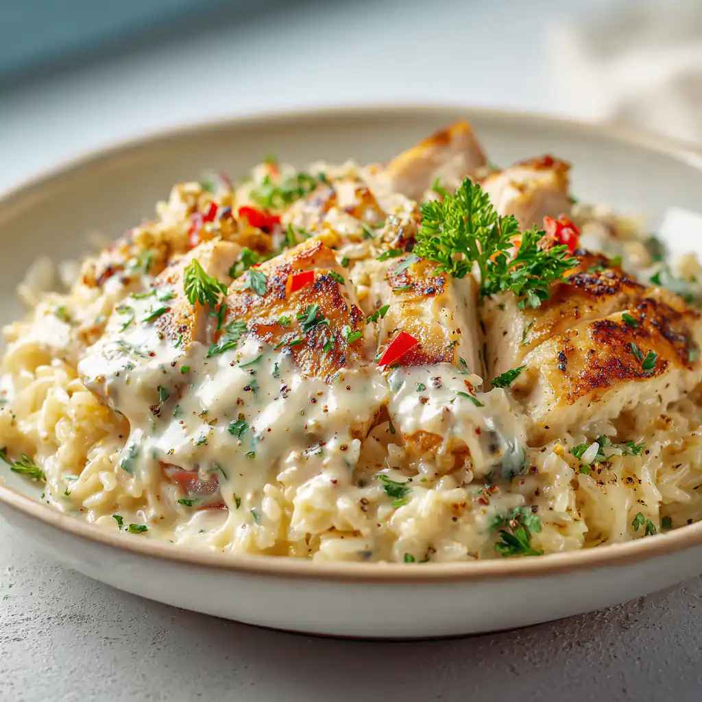 One Pan Creamy Garlic Chicken Rice Easy Dinner
