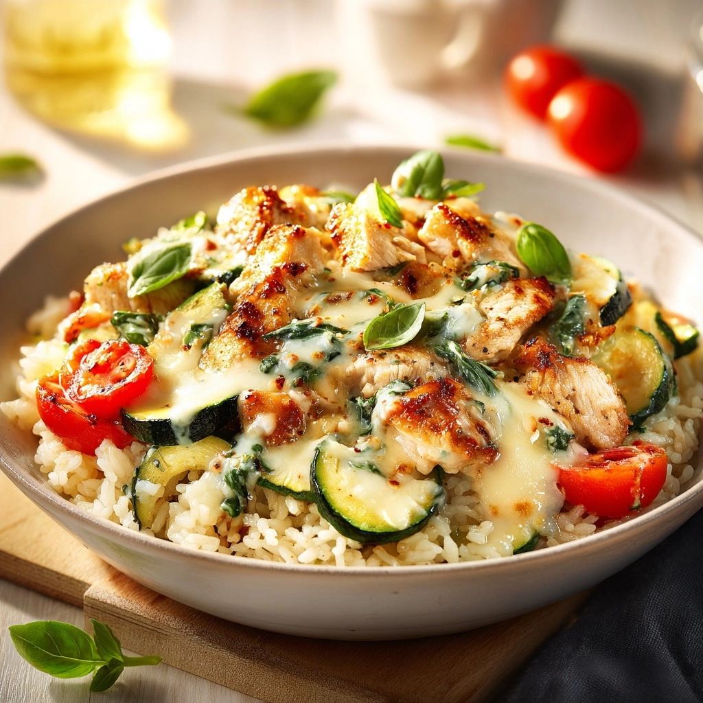 Summer Creamy Garlic Chicken Rice Skillet with Zucchini